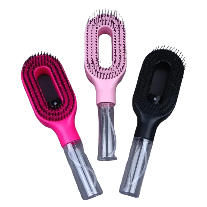Three colorful hair care detangler brushes with dense bristles and clear bases for dry hair scalp massage