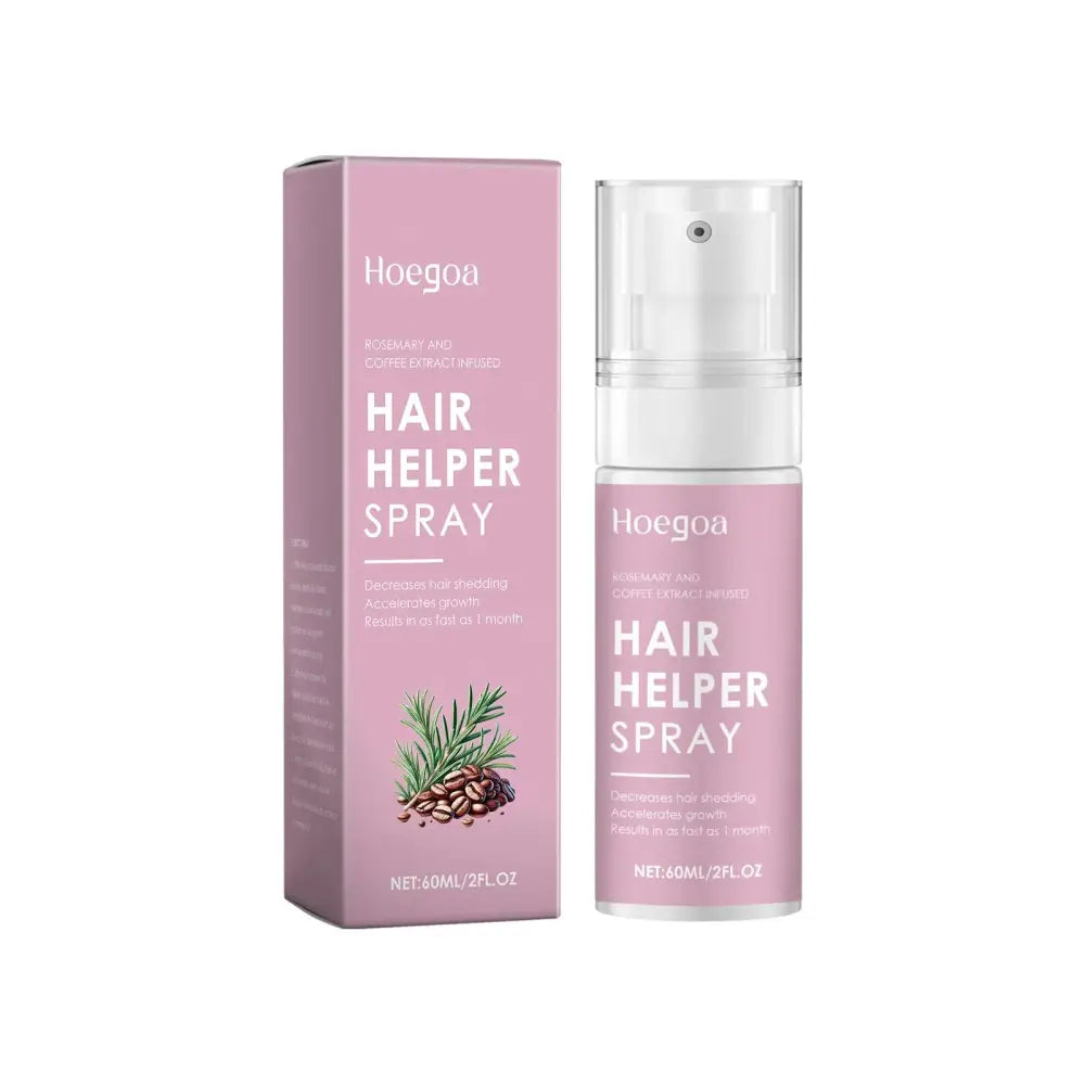 Pink hoegoa hair helper instant moisturizing repair spray in clear bottle with white cap and pink box featuring rosemary and coffee beans
