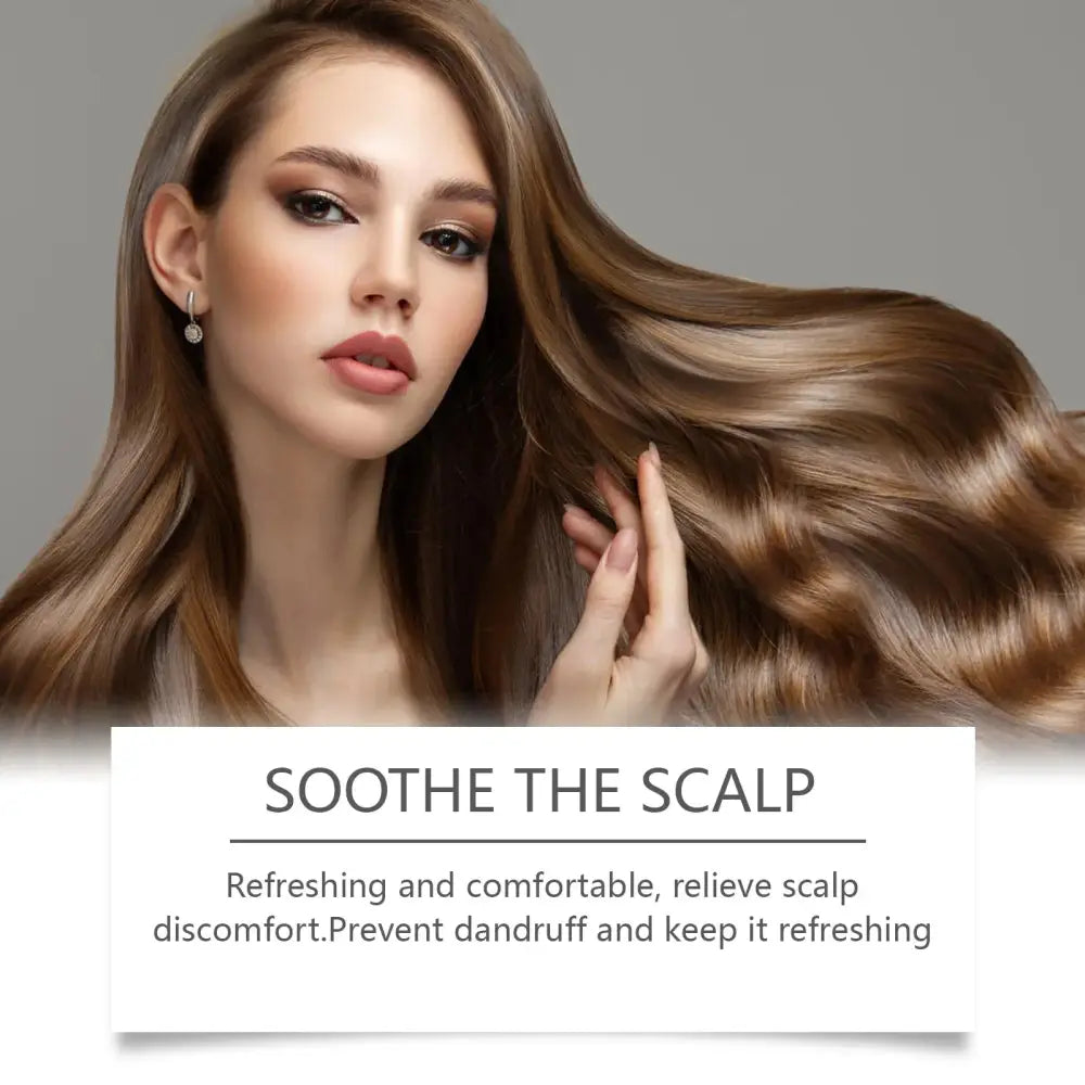 A woman with long flowing brown hair styled in soft waves using Hoegoa hair helper instant moisturizing repair spray