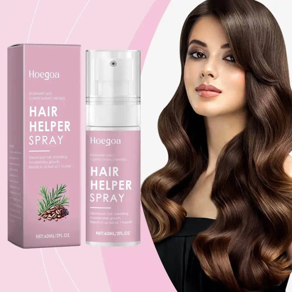 Pink rectangular box and matching spray bottle of Hoegoa hair helper instant moisturizing repair spray with clear pump