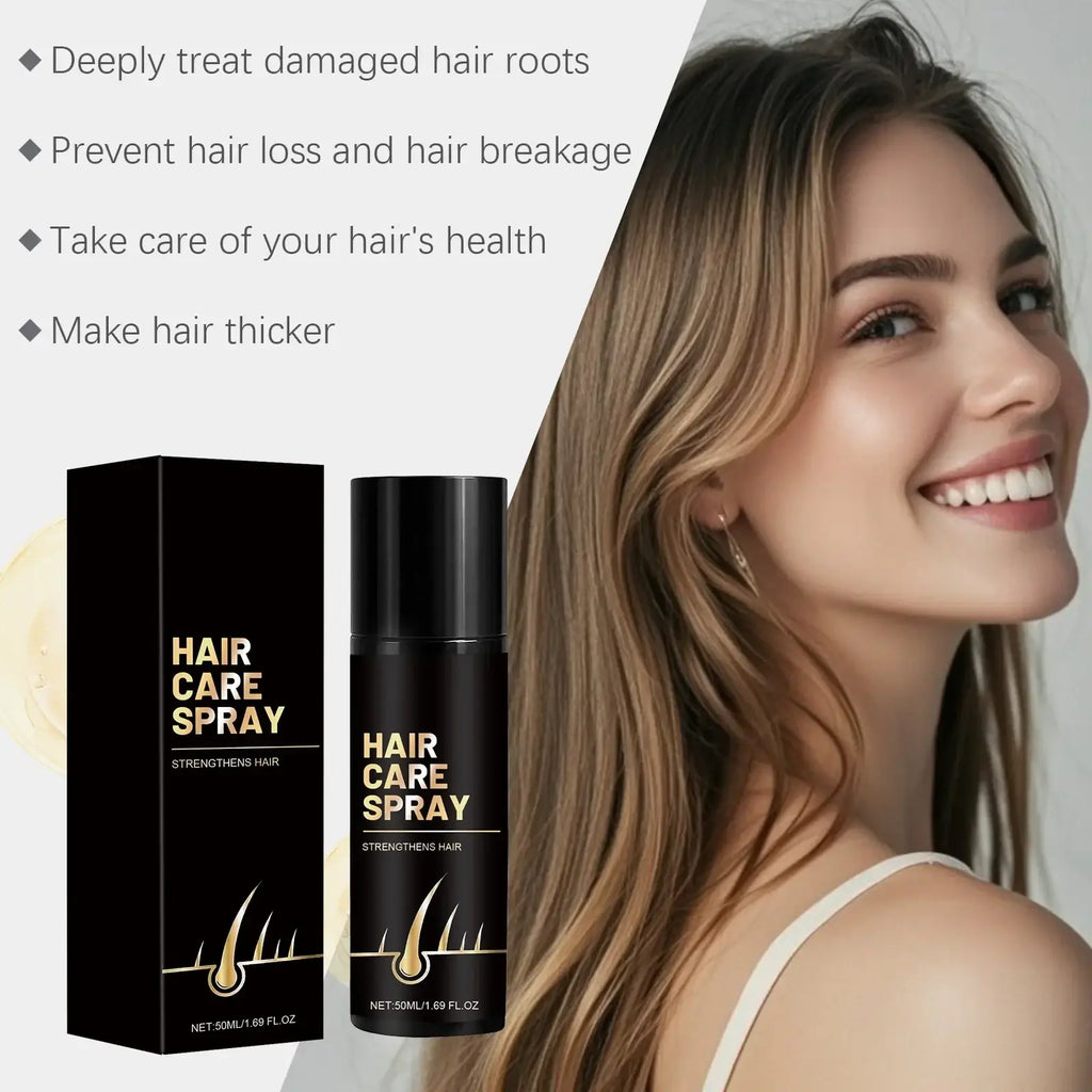 Black hair care spray bottle with gold lettering and matching box labeled hair care spray featuring strengthened hairs illustration