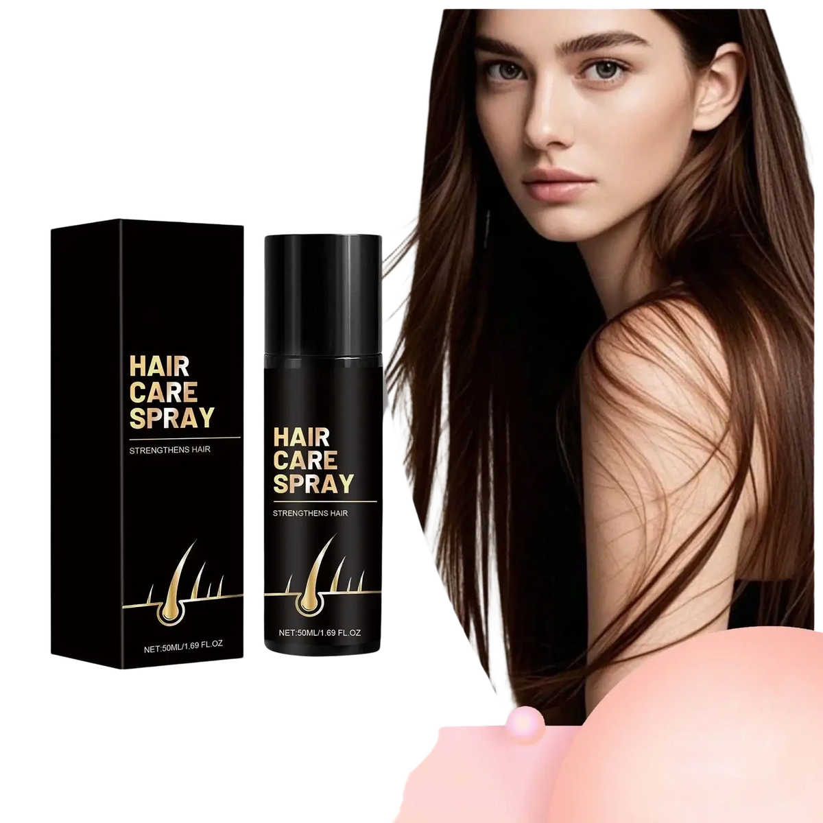 Black bottle of choice hair care spray with gold lettering and hair strand graphic next to matching black box for scalp treatment