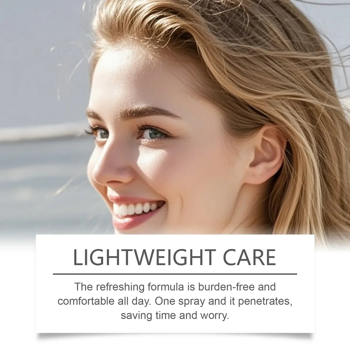 A woman with blonde hair and blue eyes smiling outdoors using a hair care spray nourishing scalp treatment 50ml