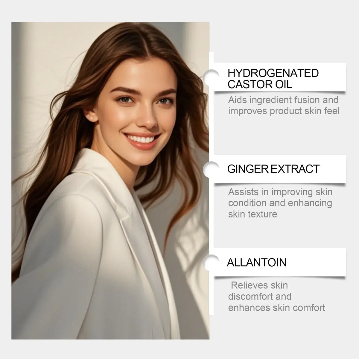 A woman with long brown hair and a warm smile wearing a white blazer promoting hair care spray nourishing scalp treatment 50ml