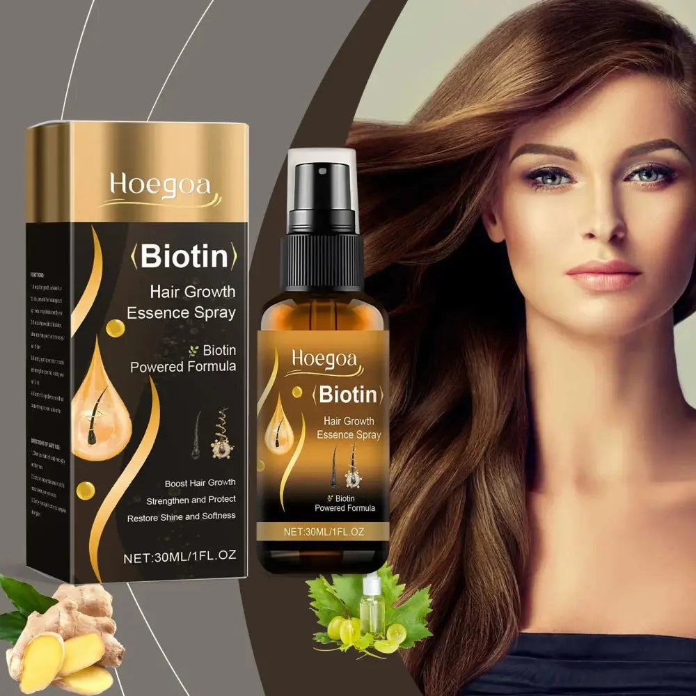 Hoegoa biotin strong hold hair styling and growth spray in amber glass bottle with black nozzle and gold black box packaging