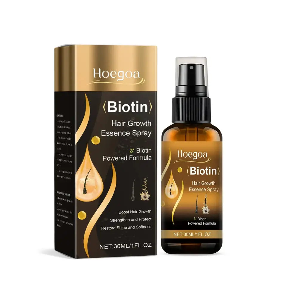 Hoegoa biotin strong hold hair styling and growth spray in amber glass bottle with black nozzle and black gold box