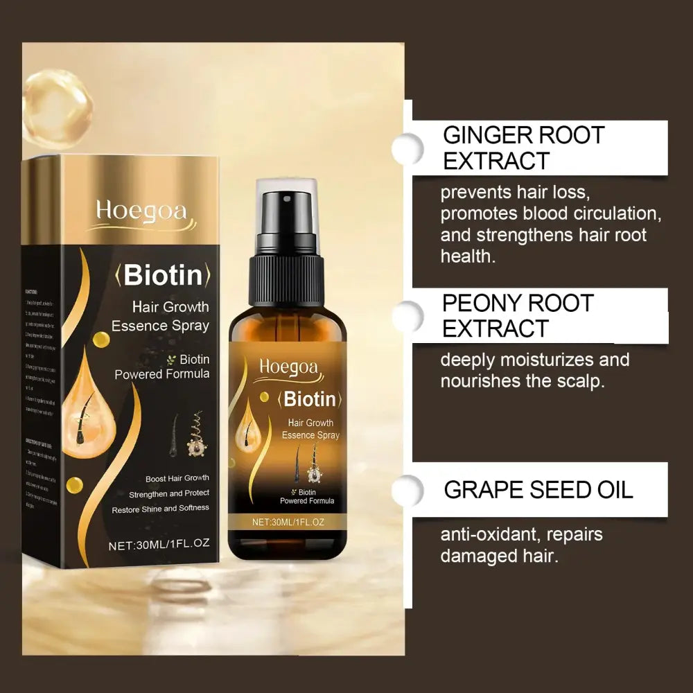 Hoegoa biotin strong hold hair styling and growth spray in amber glass bottle with black nozzle and gold accent box
