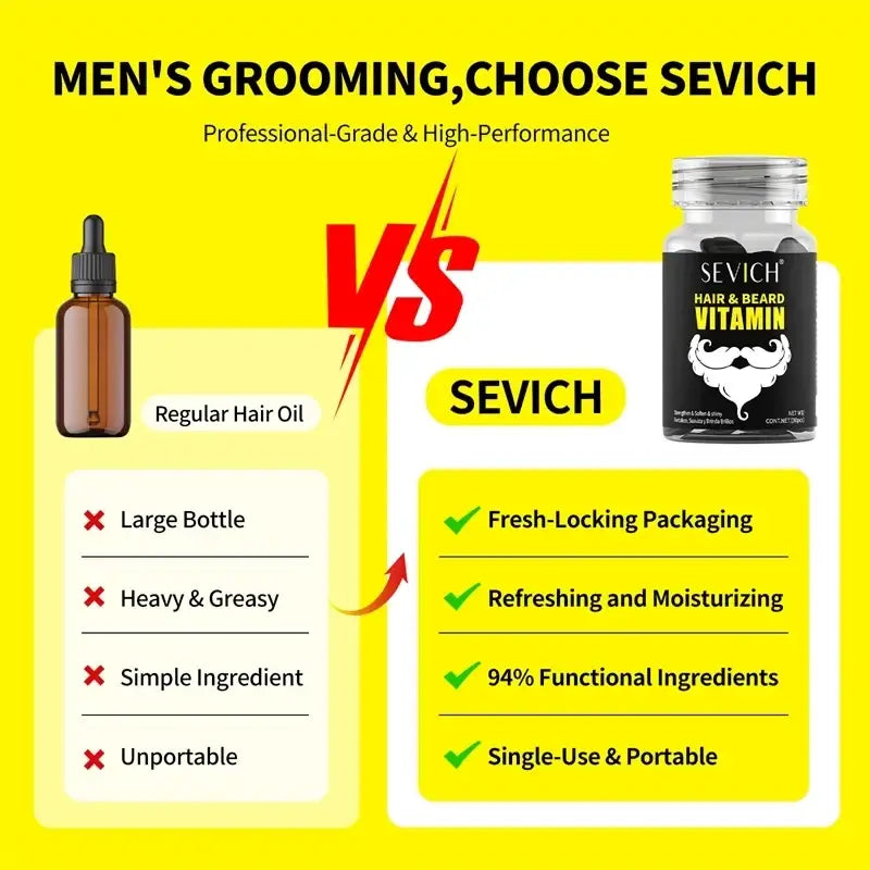 Black bottle of sevich hair care vitamin capsules growth serum with silver cap and white mustache logo on label