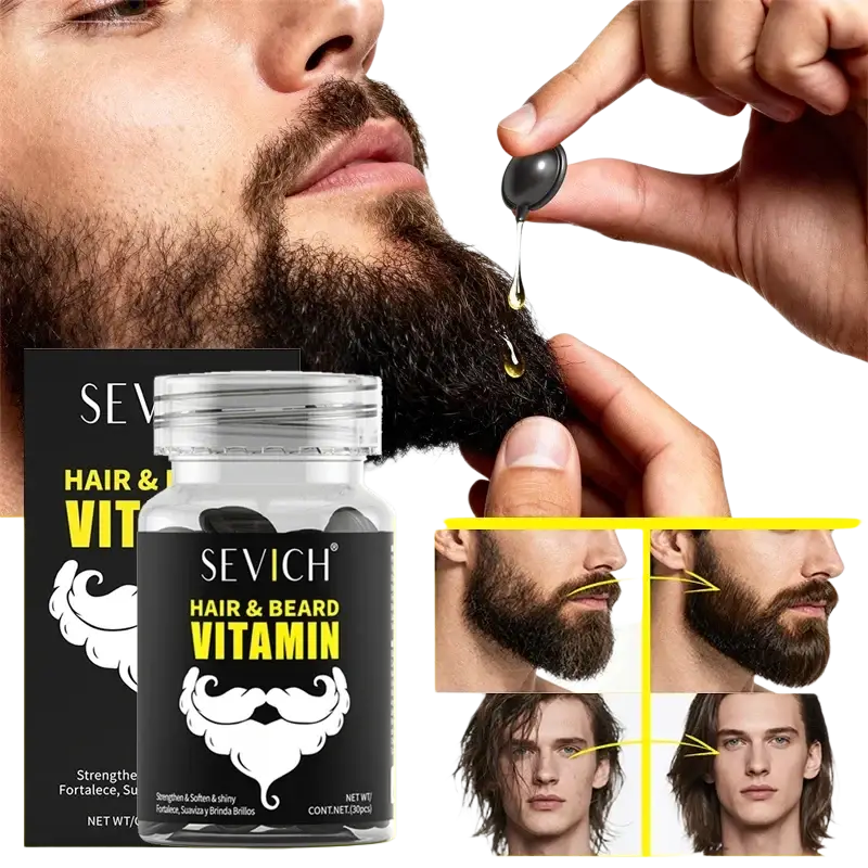 Black and transparent sevich hair and beard vitamin bottle with clear cap labeled hair care vitamin capsules growth serum