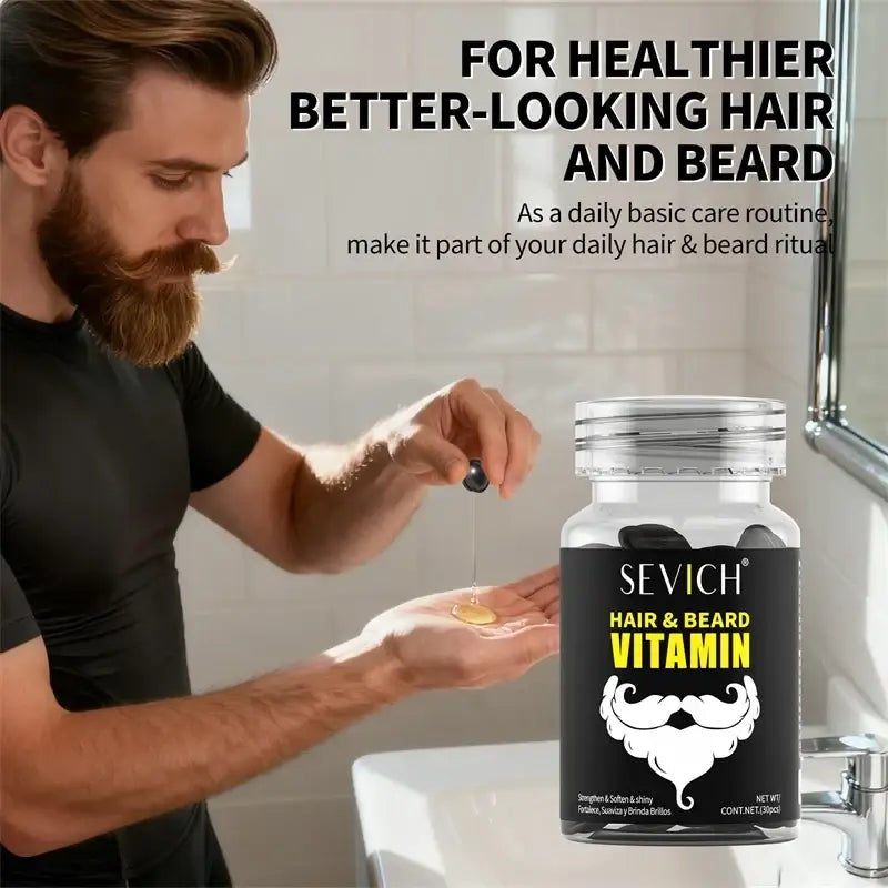 Black and yellow labeled sevich hair care vitamin bottle with clear glass containing dark growth serum capsules