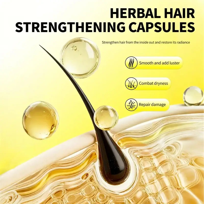 Herbal hair care vitamin capsules with golden liquid droplets and a sleek black hair strand illustration for growth serum