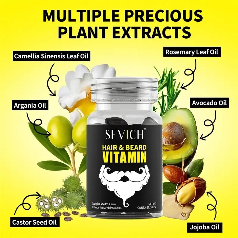 Sevich hair care vitamin capsules in a clear jar with black label and mustache logo, featuring argania and rosemary oils