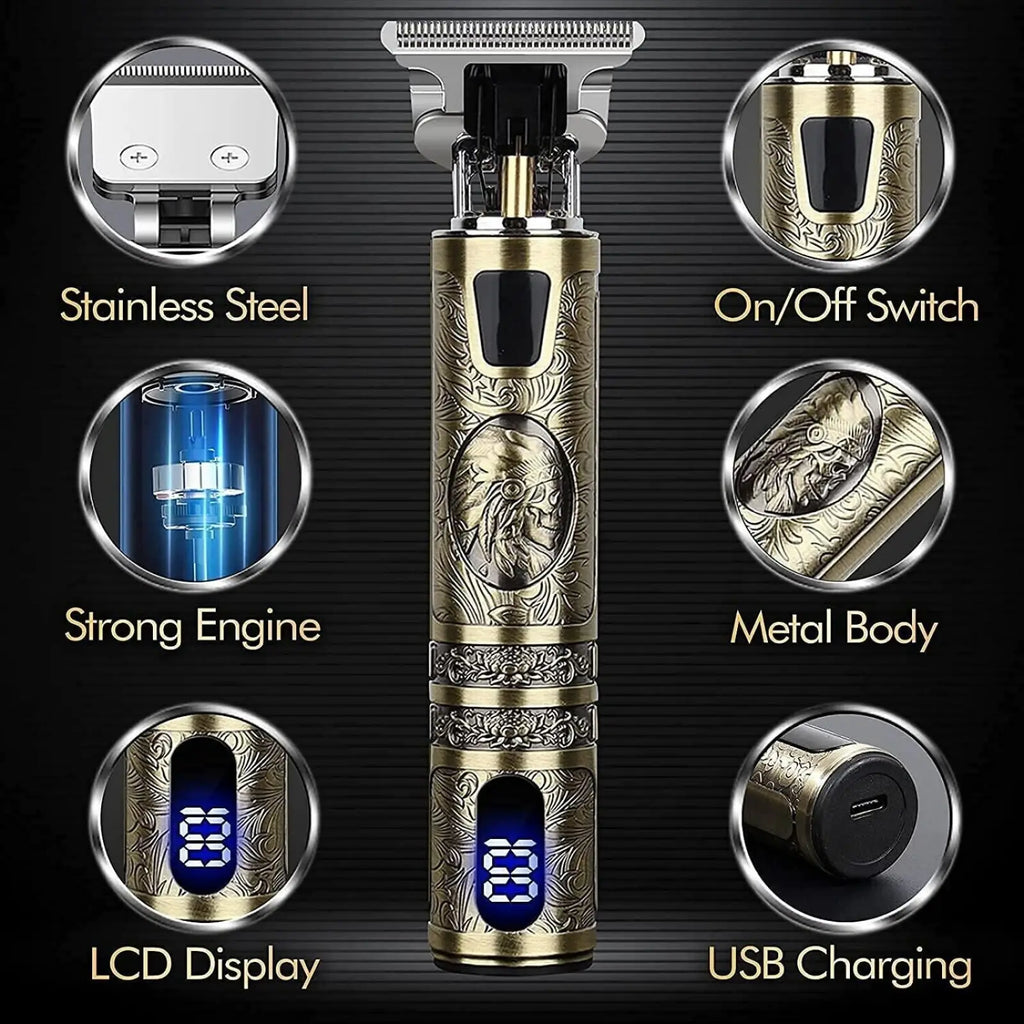 Gold-colored professional t blade electric hair trimmer for men with intricate engraved metal body and blue led display
