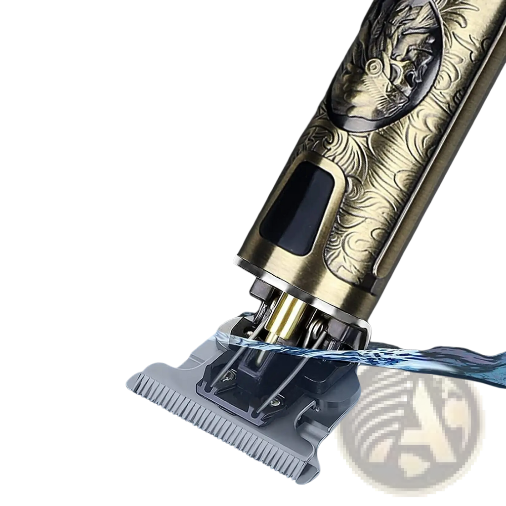 Gold-colored professional electric hair clipper with intricate engravings and water-resistant t blade trimmer for men