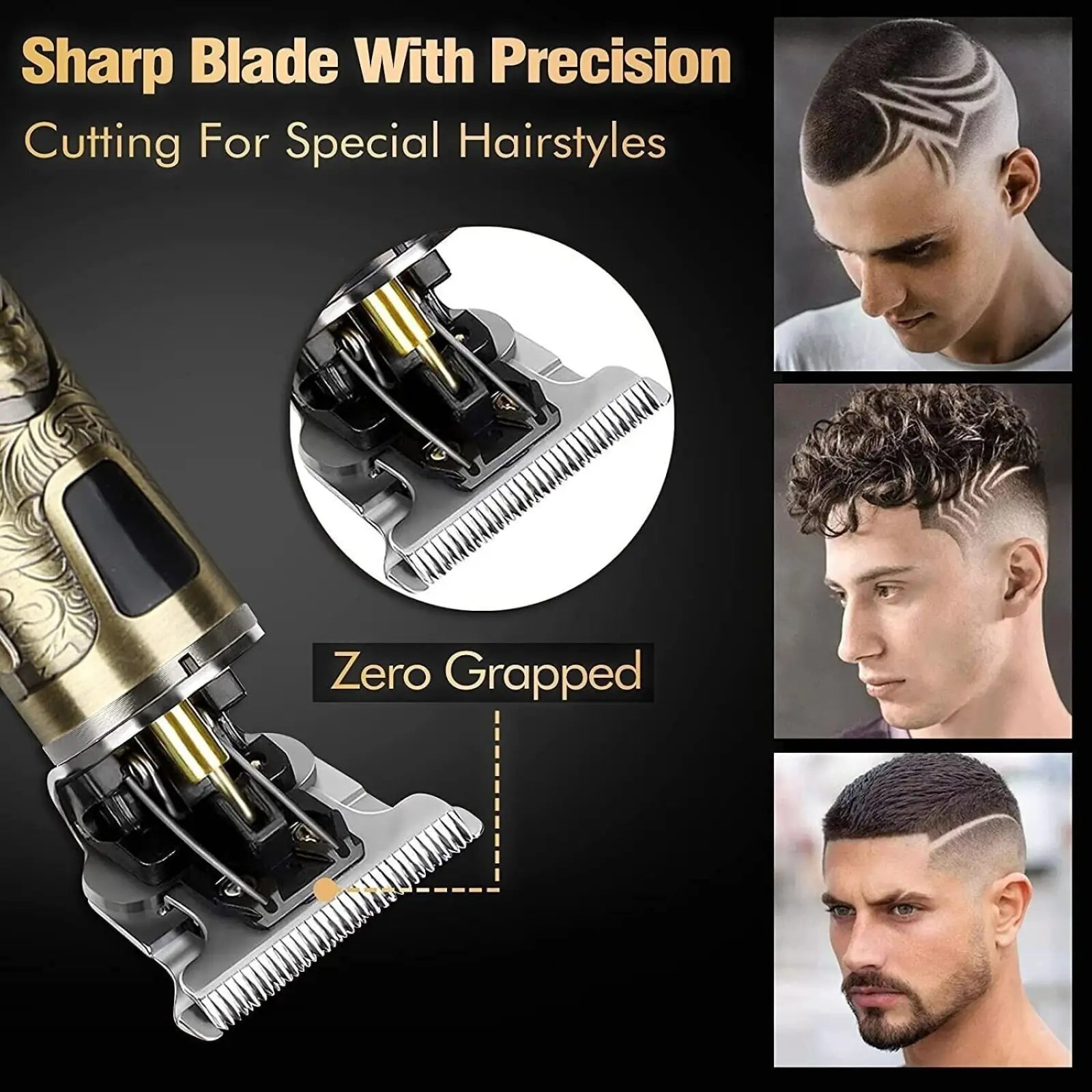 Gold-finished electric hair clipper with intricate engraved detailing and precision blade for sharp clean cuts
