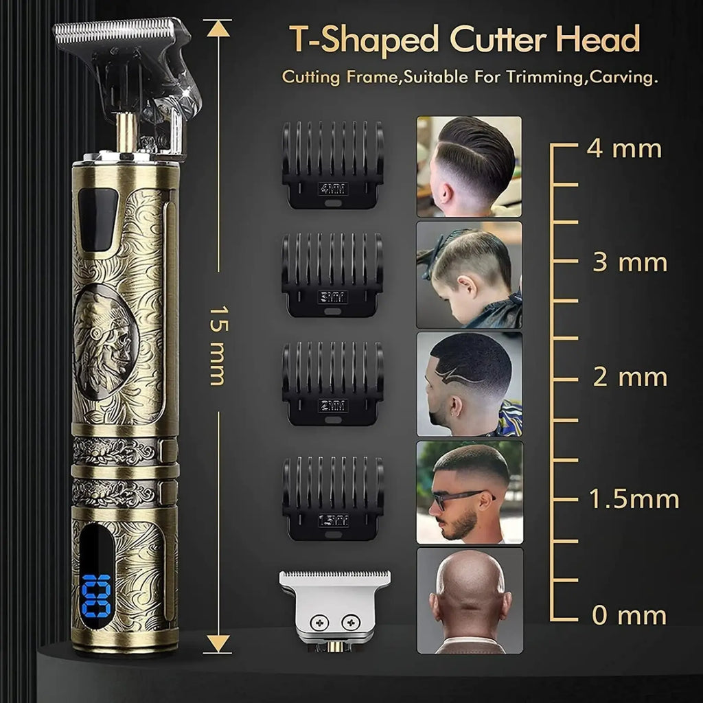 Gold-colored professional electric hair clipper with intricate engraved designs and digital display for men grooming