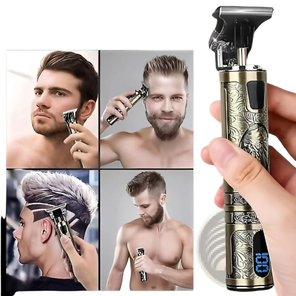 Gold-colored electric hair clippers professional t blade trimmer for men with intricate engraved patterns and digital display