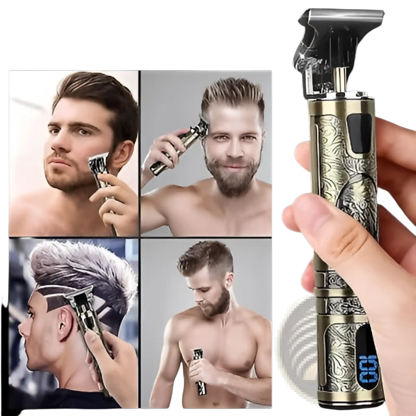 Gold-colored electric hair clippers professional t blade trimmer for men with intricate engraved patterns and digital display