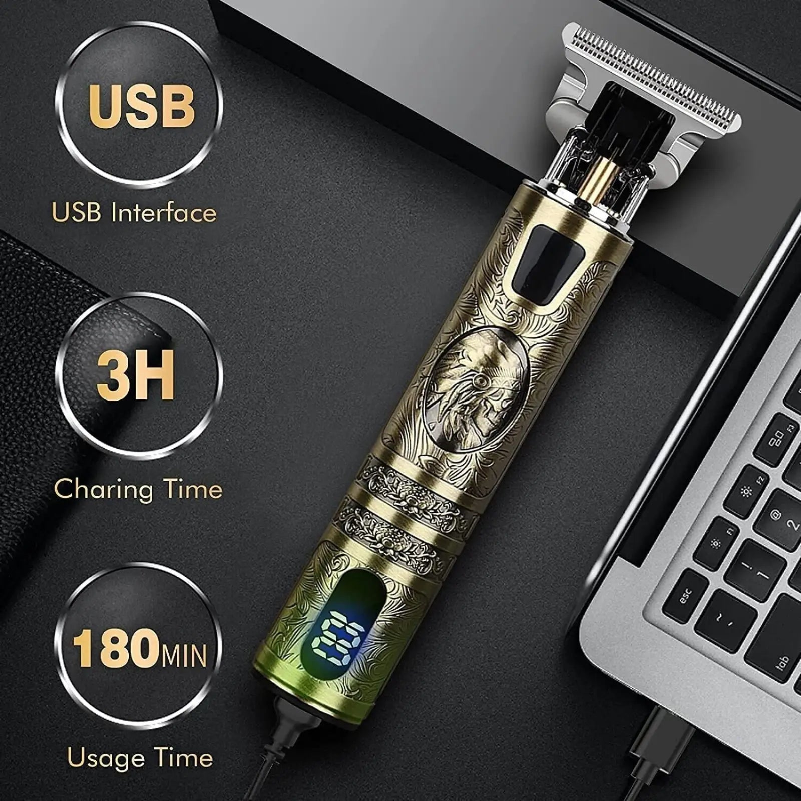 Gold-colored professional electric hair t blade trimmer for men with intricate engraved designs and digital display