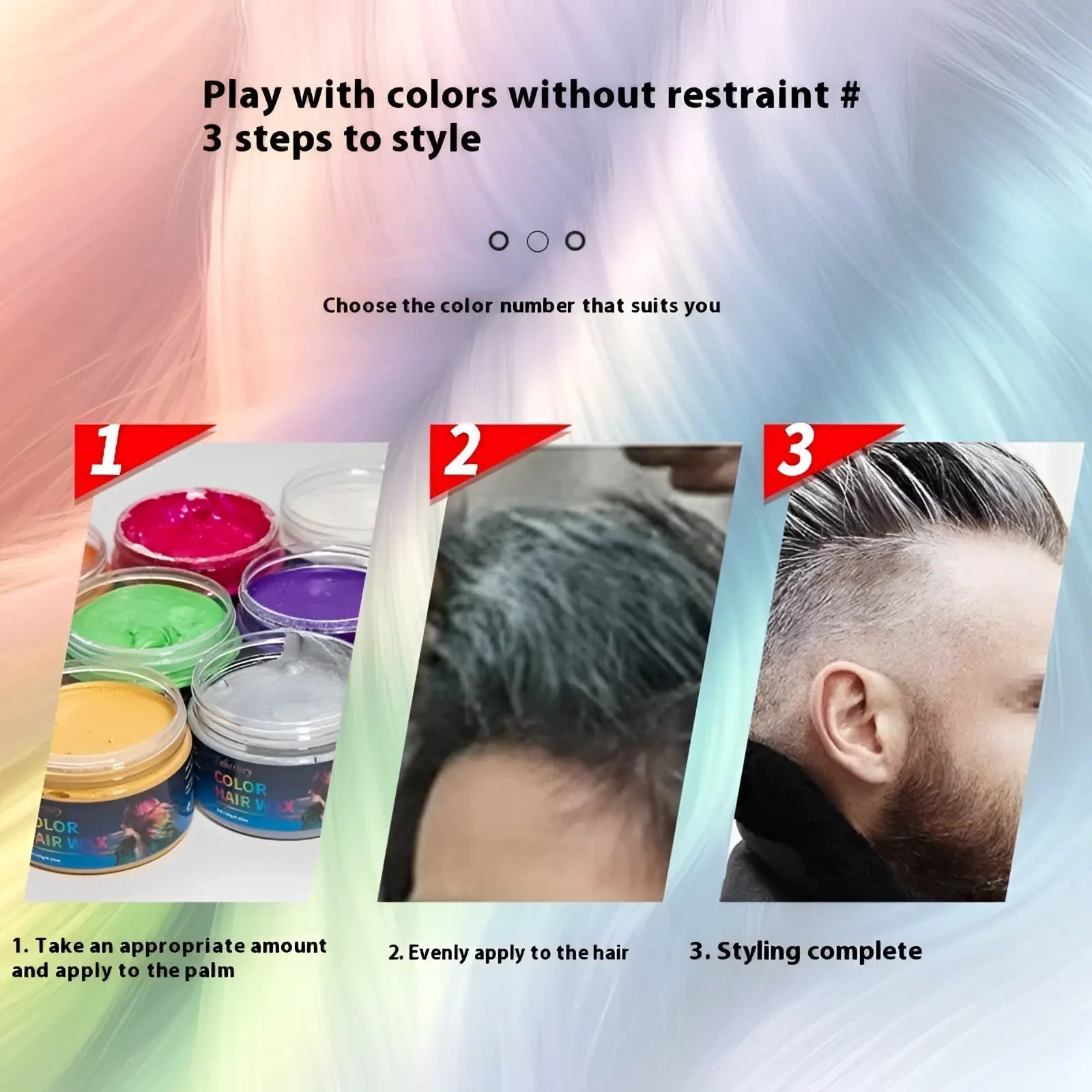 Vibrant multi-colored hair color wax styling clay in clear jars with strong hold mud for creative hairstyling use