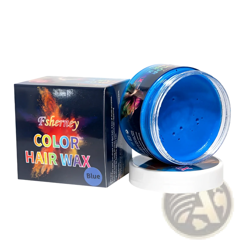 Fsherney hair color wax styling clay 120g strong hold blue wax in clear jar with white lid beside colorful packaging