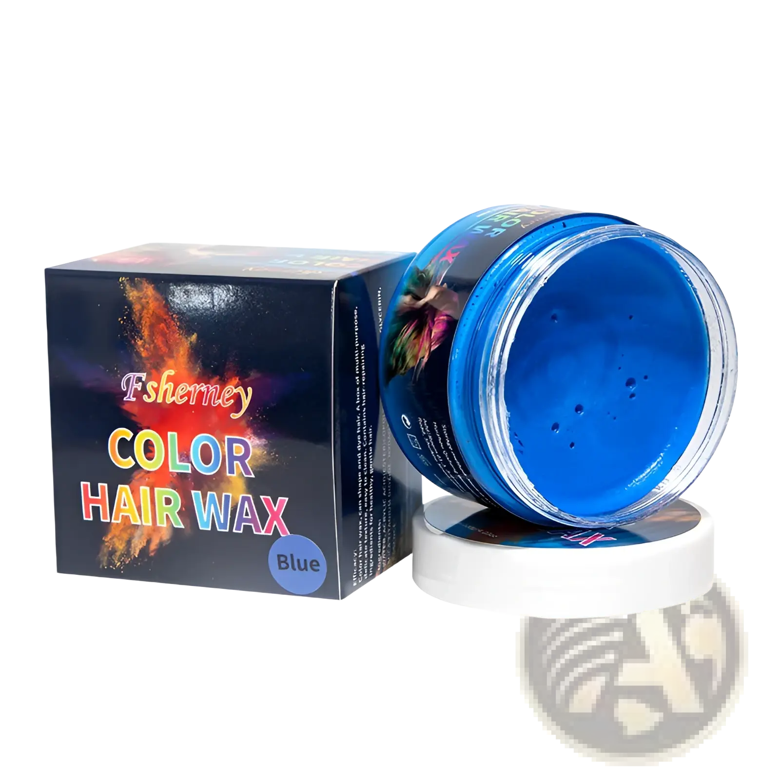 Fsherney hair color wax styling clay 120g strong hold blue wax in clear jar with white lid beside colorful packaging