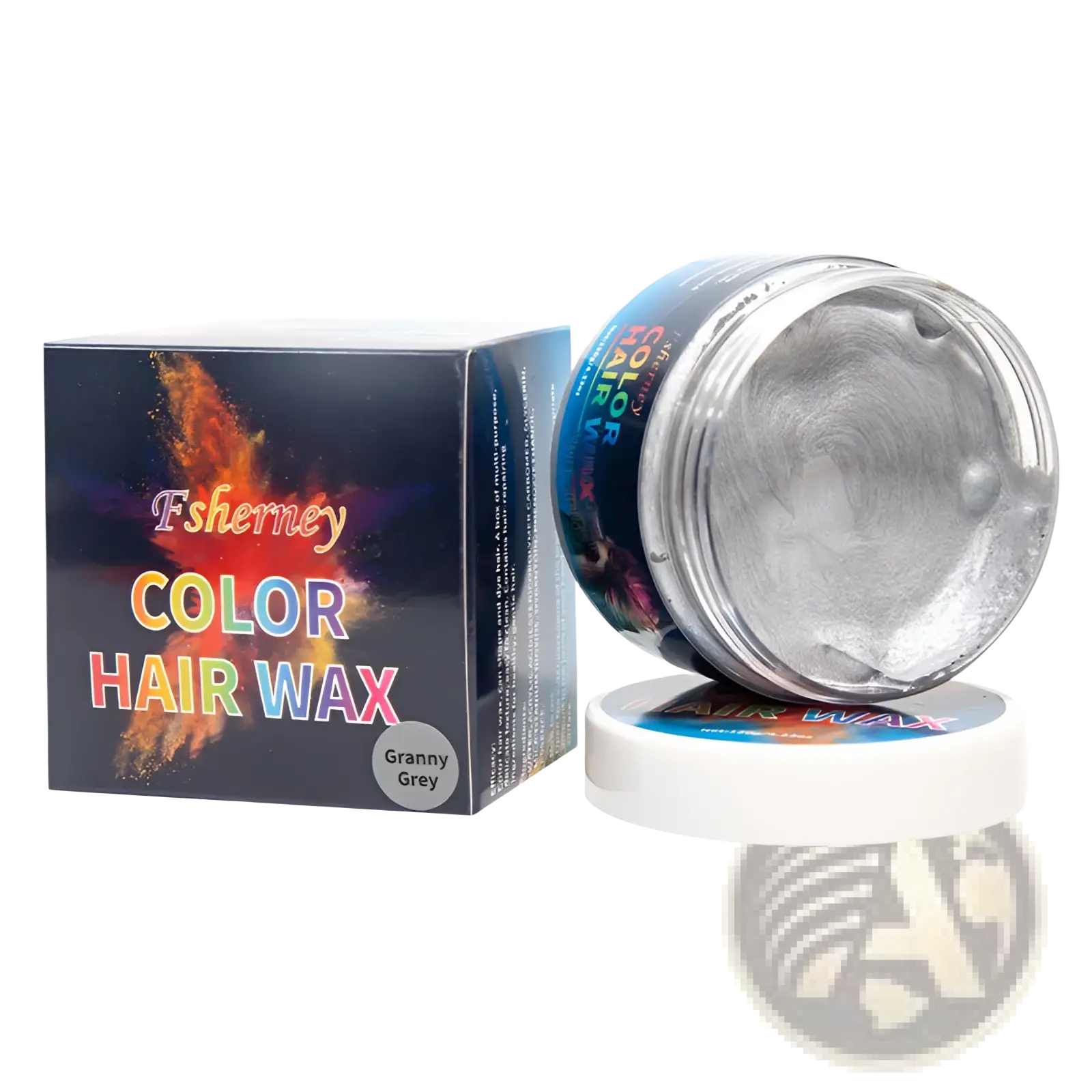 Fsherney hair color wax styling clay 120g in granny grey with strong hold mud in a clear jar and colorful packaging