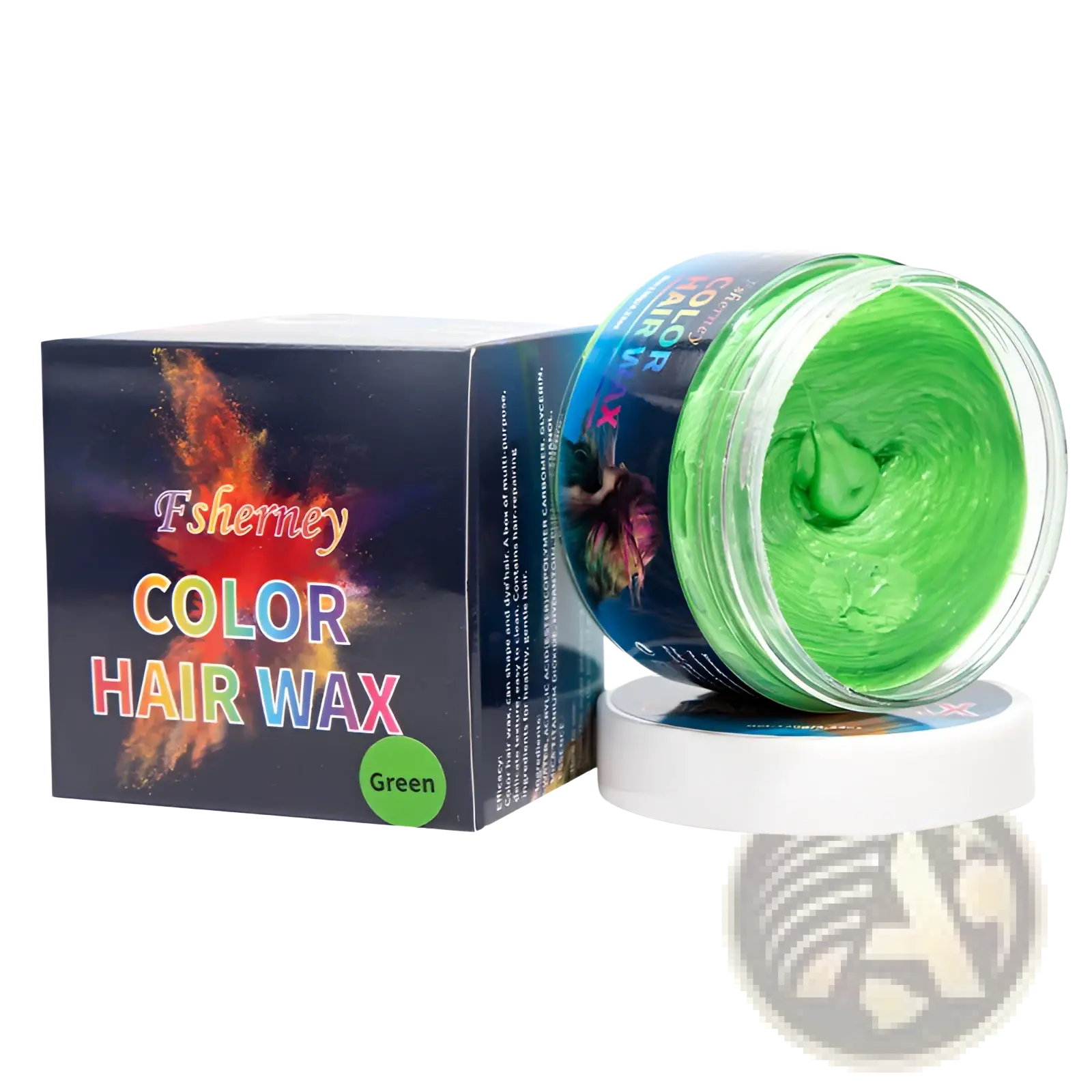 Fsherney green hair color wax styling clay in clear jar with white lid and vibrant packaging for strong hold styling