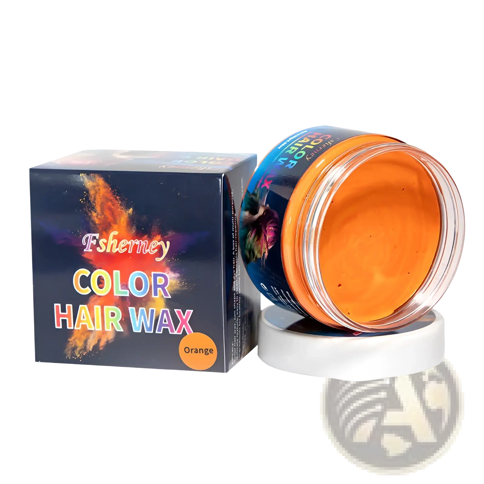 Fsherney hair color wax styling clay in orange with strong hold mud in a clear jar and colorful packaging 120g