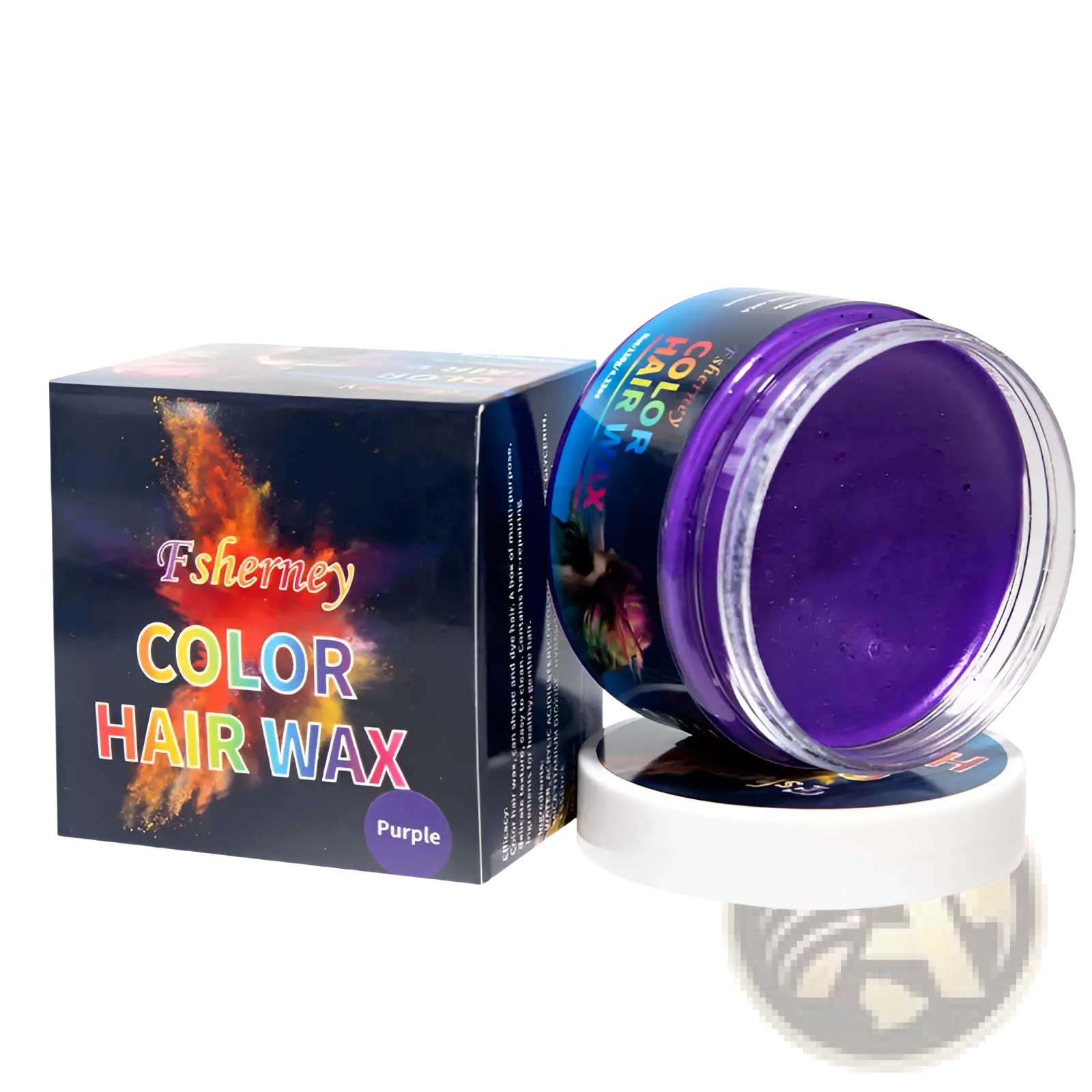 Purple fishmey color hair color wax styling clay in a clear jar with white lid next to colorful packaging strong hold mud