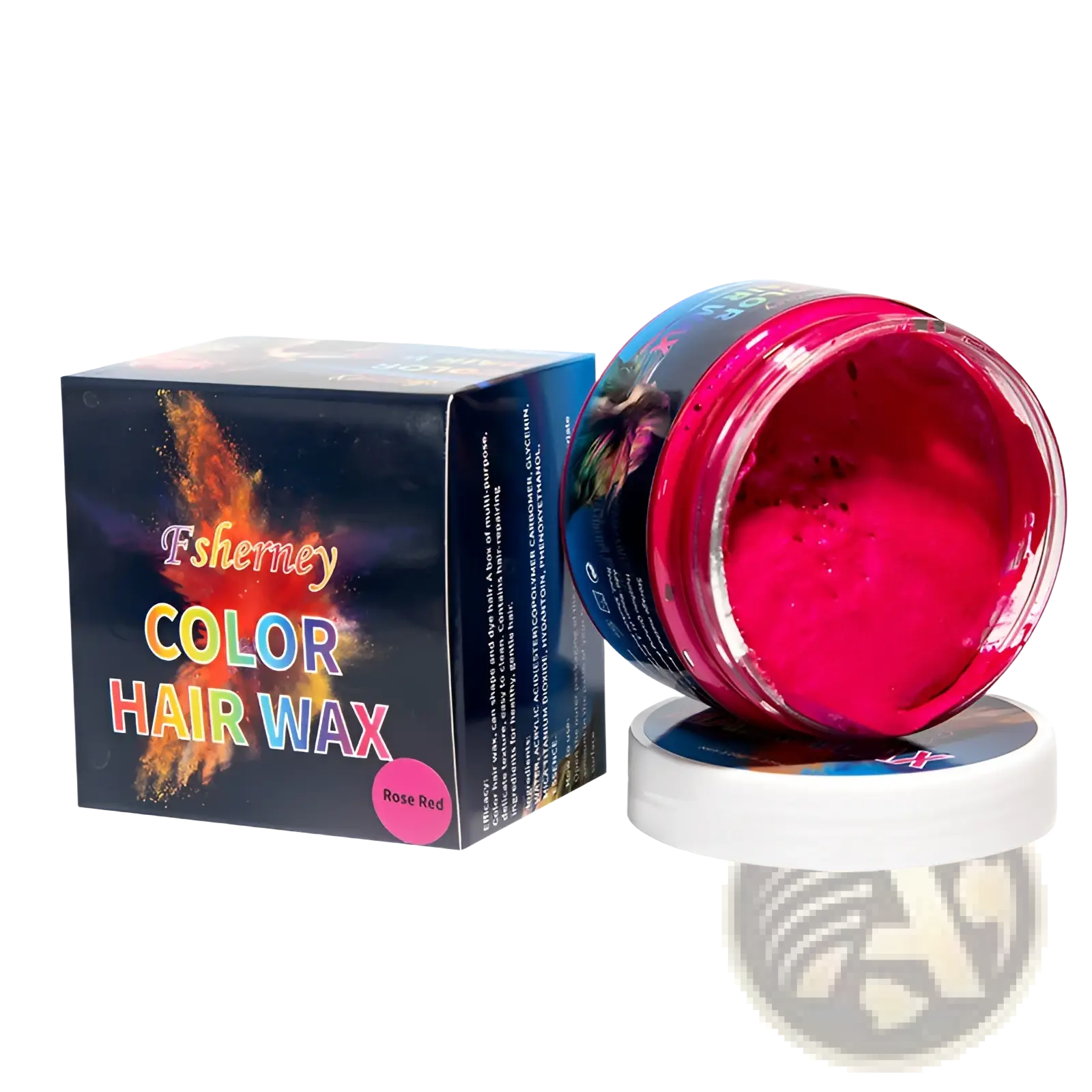 Fsherney rose red hair color wax in a vibrant pink jar with clear glass lid next to colorful packaging for strong hold styling clay