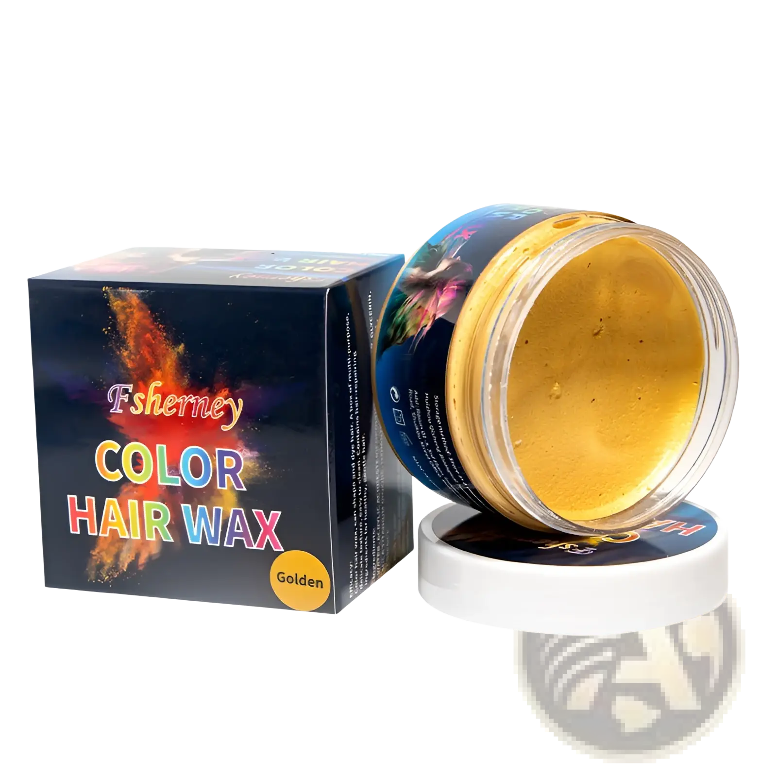 Golden-colored hair color wax styling clay in a clear jar with white lid next to colorful strong hold mud packaging