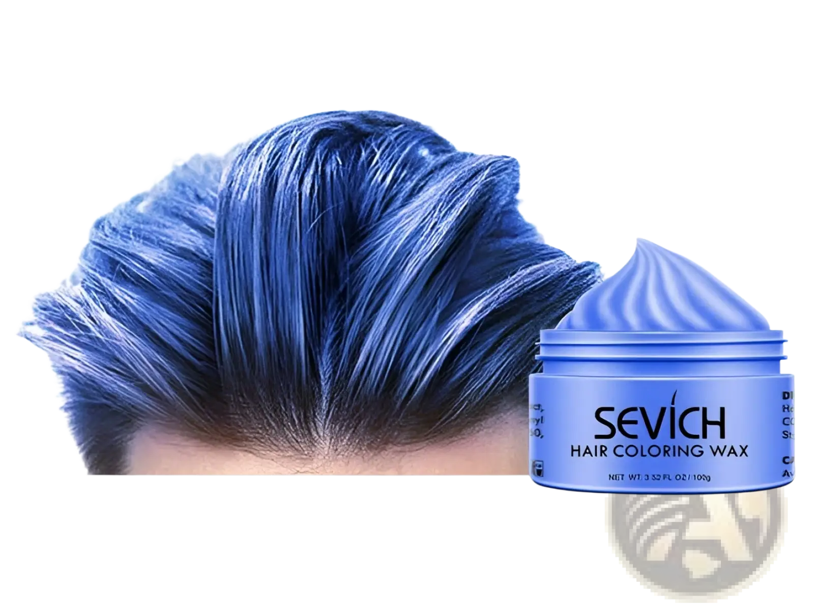 Blue sevich hair coloring wax in a sleek cylindrical container with matching lid for instant dye mud 100g