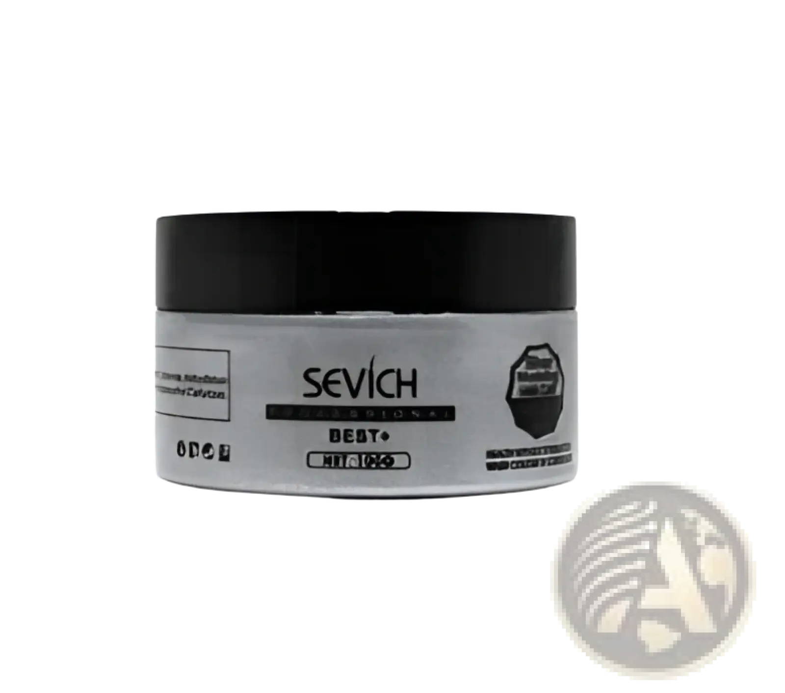 Silver and black cylindrical container of sevich men’s beard balm shown with hair coloring wax disposable instant dye mud 100g product