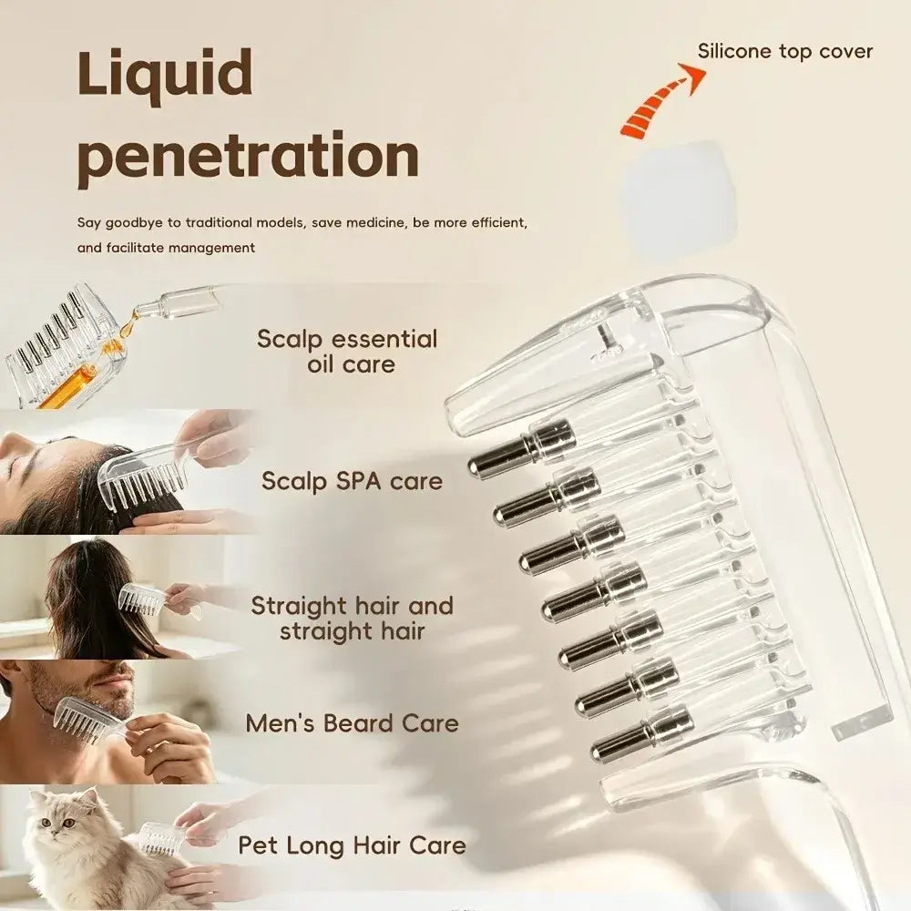 Clear plastic hair comb scalp massager with metallic tips and silicone top cover for liquid application