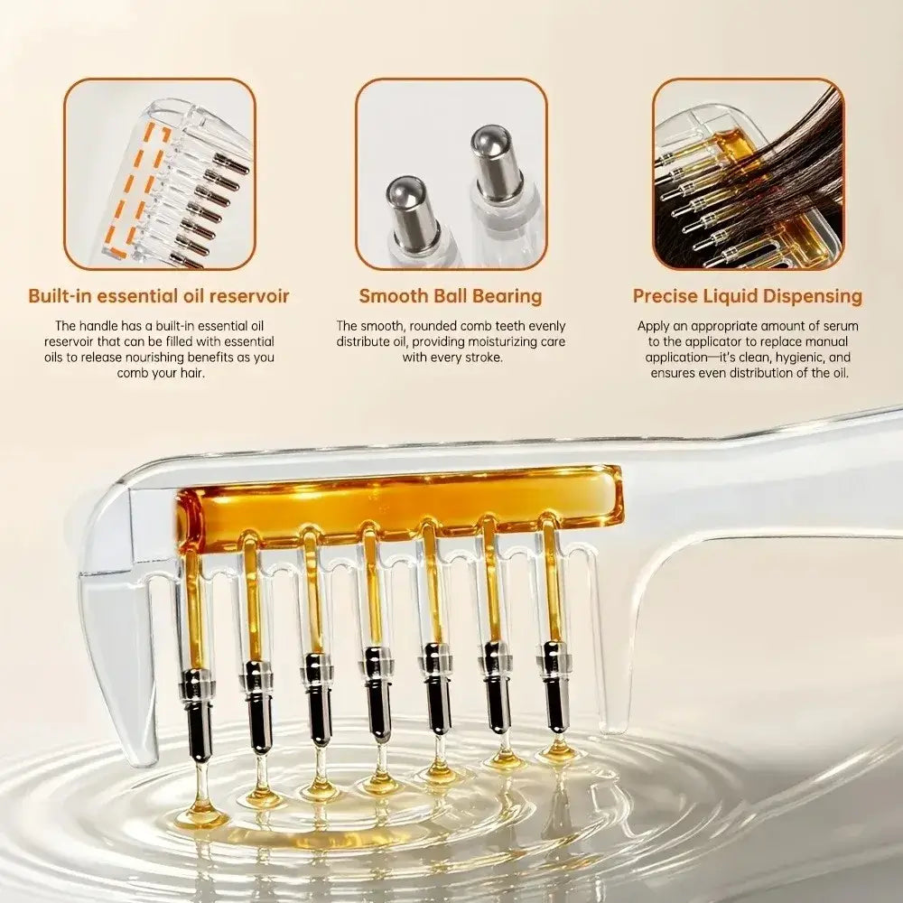 Clear plastic hair comb scalp massager with built-in essential oil reservoir and smooth rounded metal teeth for precise liquid dispensing