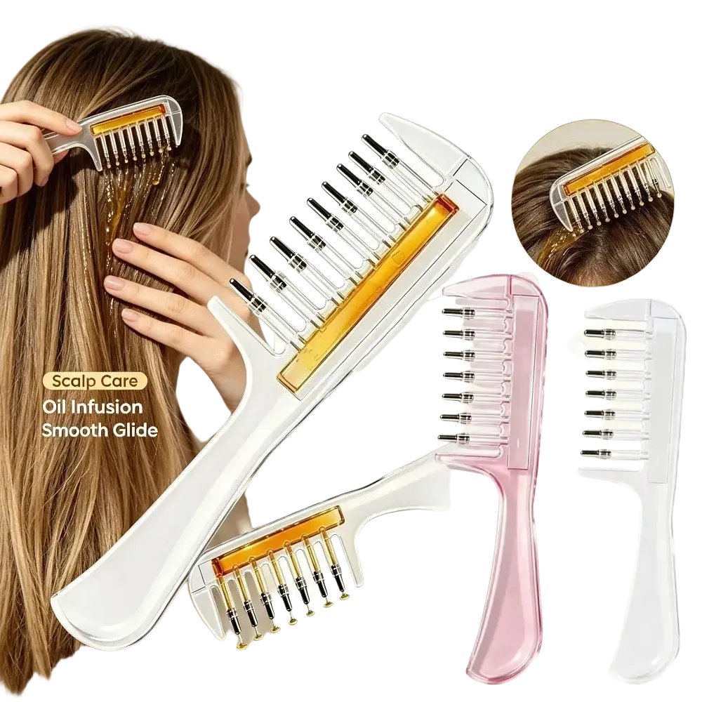 Hair comb scalp massager with clear plastic comb style, translucent amber reservoir, metallic teeth, available in white or pink