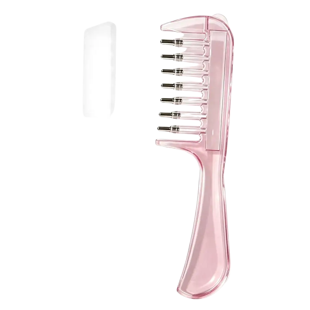 Pink translucent plastic hair comb scalp massager with metallic silver teeth and clear protective case for comb style use