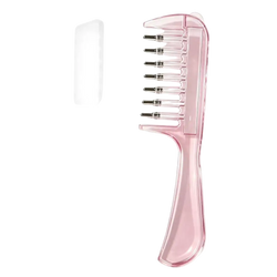 Pink translucent plastic hair comb scalp massager with metallic silver teeth and clear protective case for comb style use