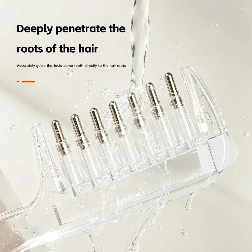 Transparent plastic hair comb scalp massager with metallic silver-tipped teeth for precise root targeting and liquid application