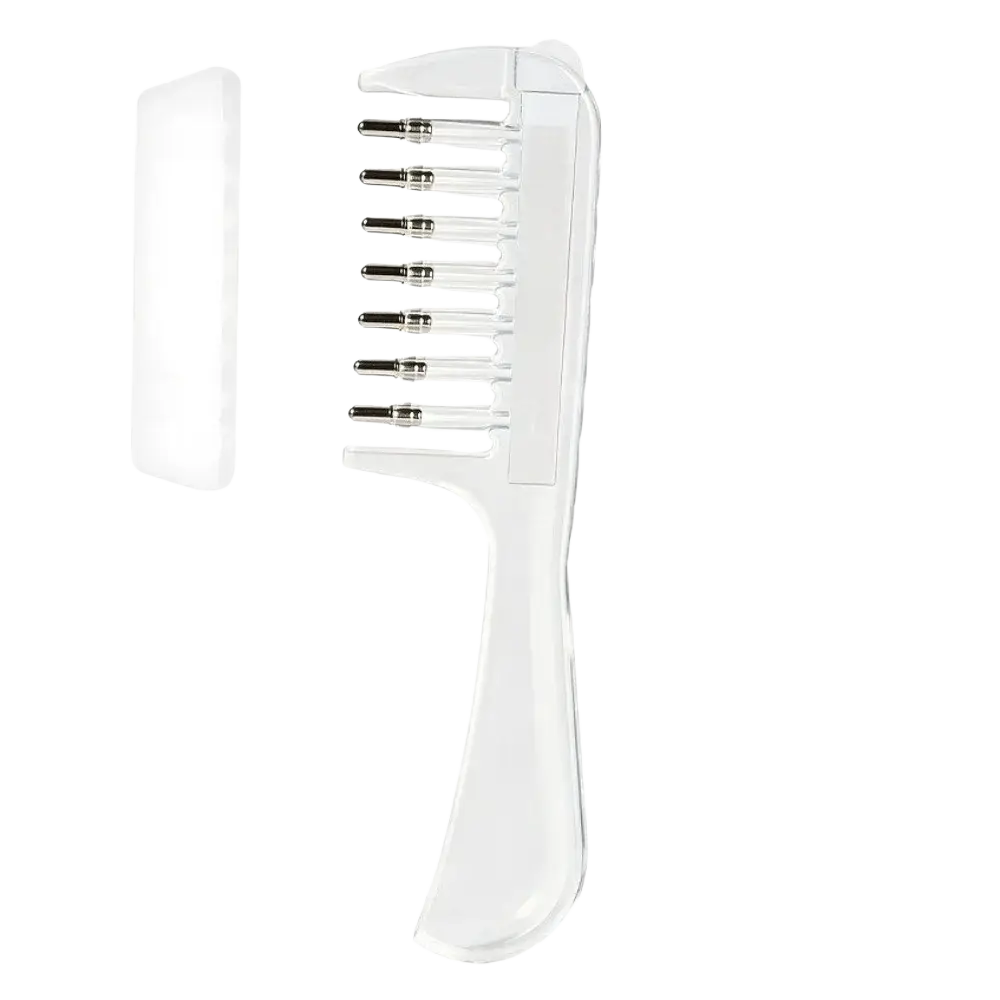 Transparent plastic hair comb with metallic tipped teeth and matching case for scalp massager and liquid applicator use