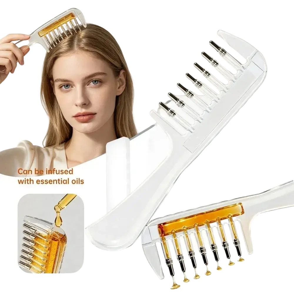 White essential oil infusion comb style hair comb with transparent teeth and gold-tipped scalp massager applicators