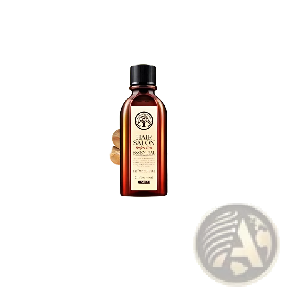 A sleek amber glass bottle of hair essential oil for damage repair and luster with a black cap and tree logo