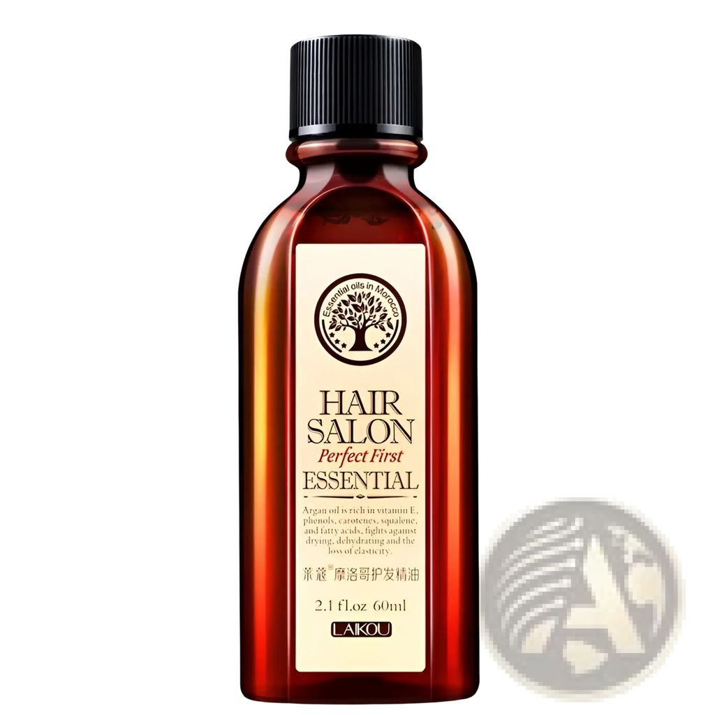 A sleek amber glass bottle with black ribbed cap labeled hair salon perfect first essential by Lakou hair essential oil