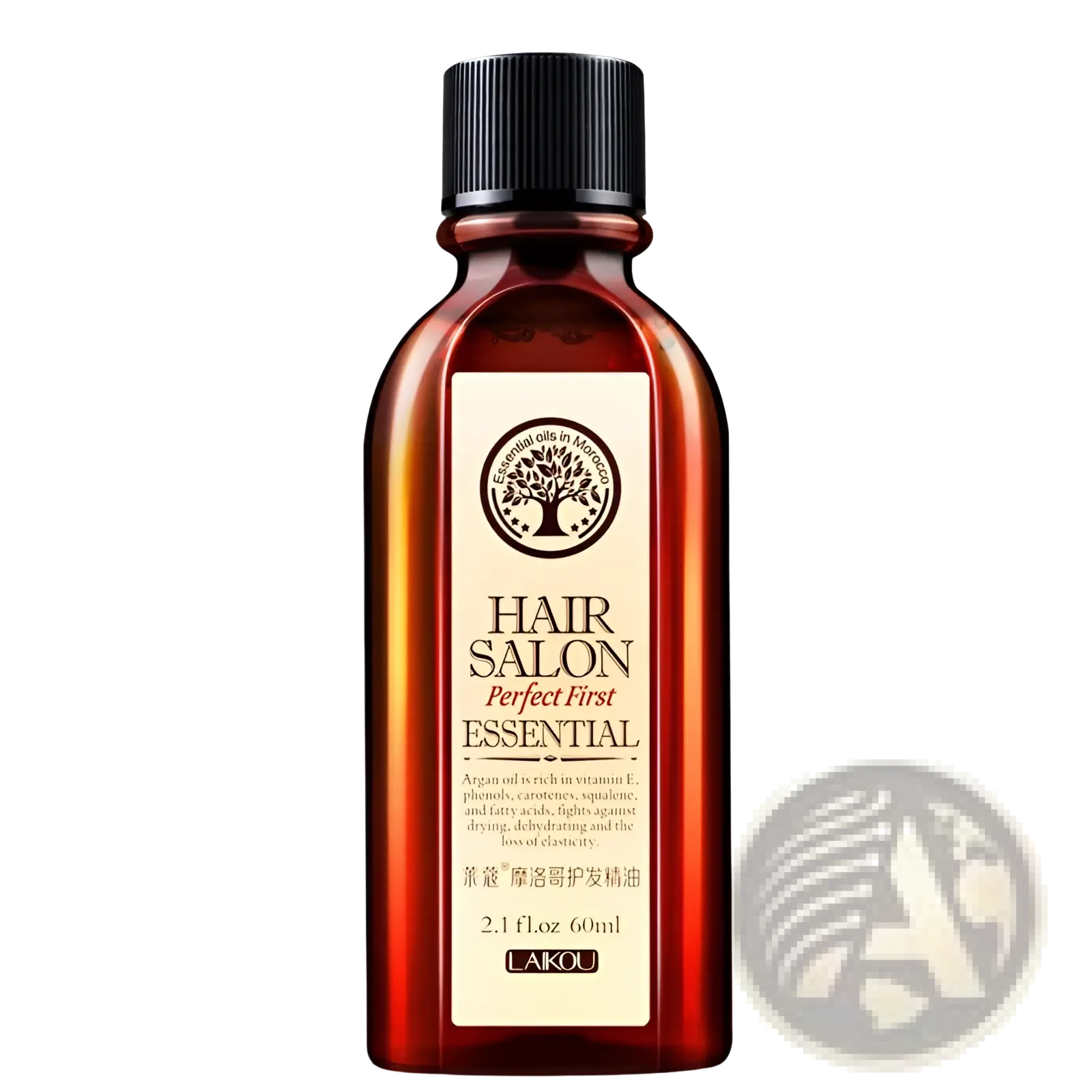 A sleek amber glass bottle with black ribbed cap labeled hair salon perfect first essential by Lakou hair essential oil