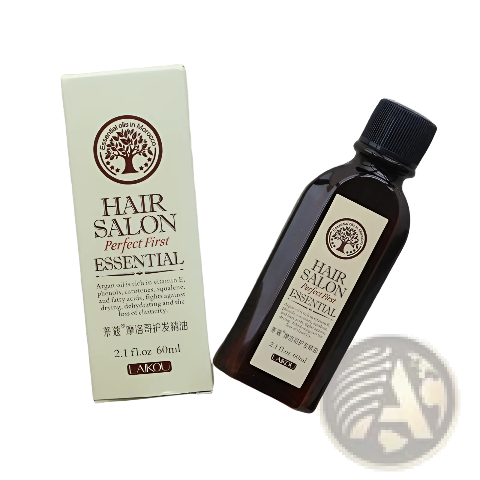 Dark amber glass bottle with black cap and cream label hair essential oil for damage repair and luster with white box