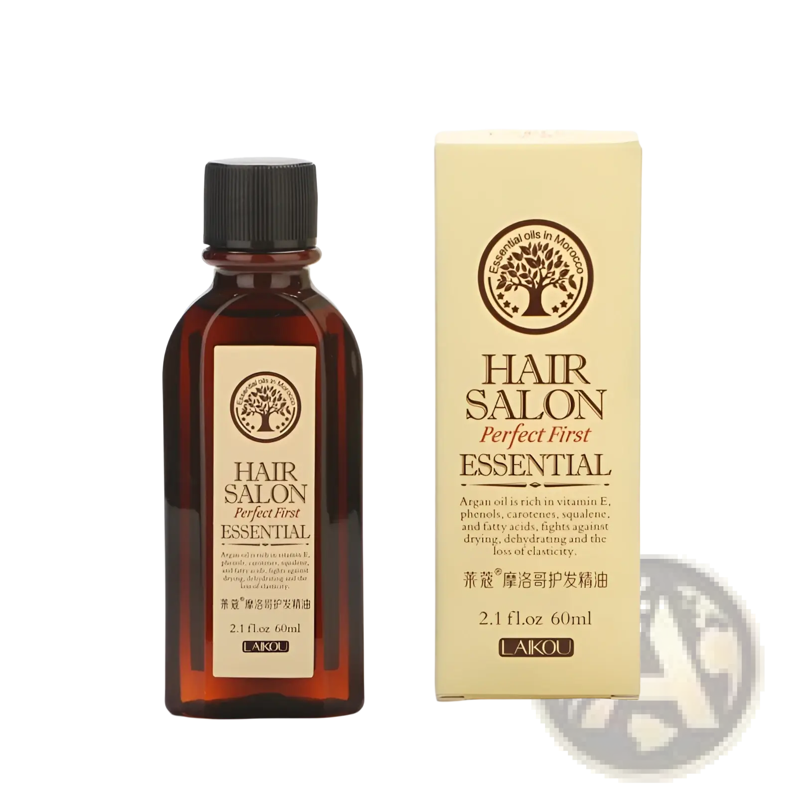 A sleek amber glass bottle with black cap and beige label containing laikou hair essential oil for damage repair and luster