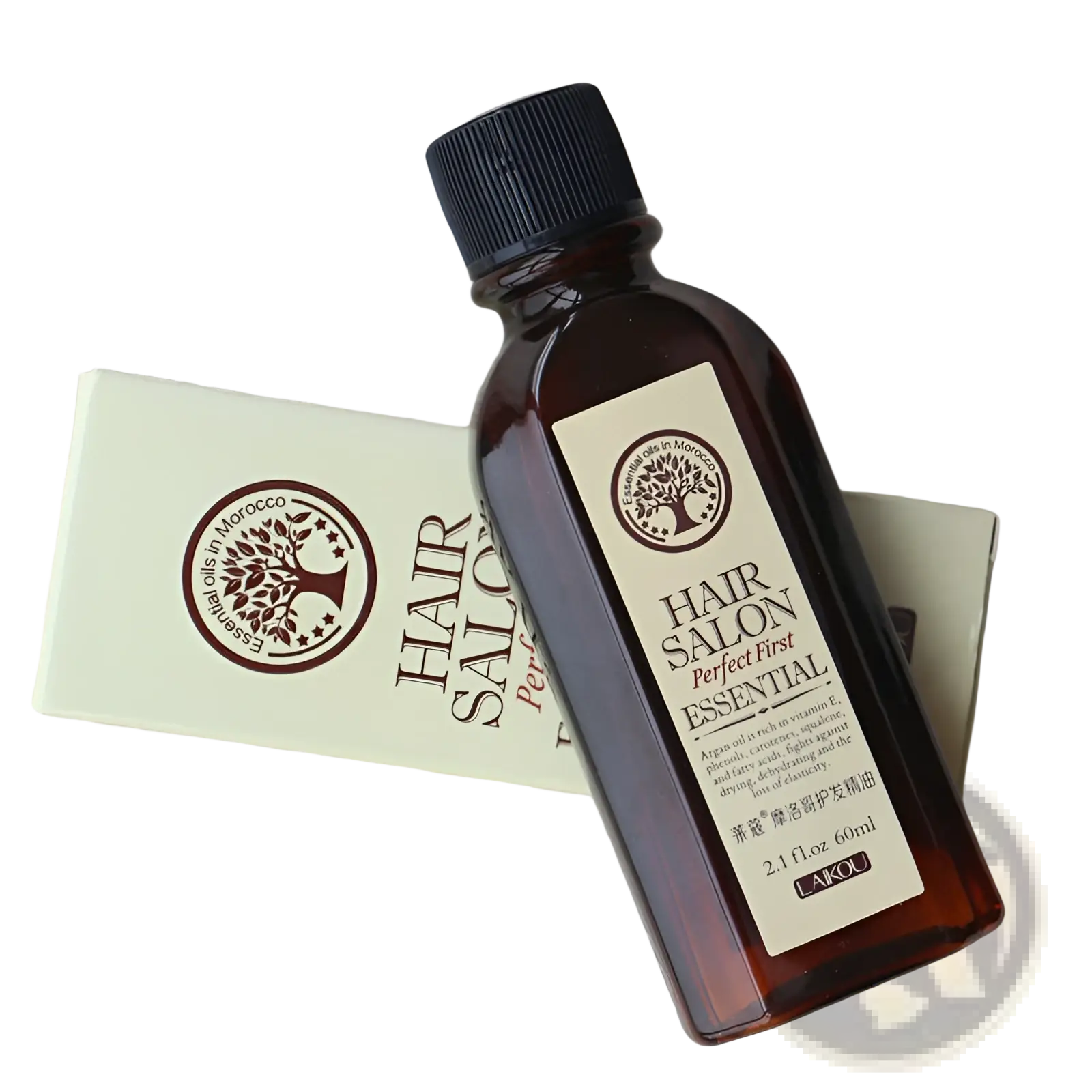 Dark amber glass bottle with black ribbed cap and white label featuring brown text, hair salon perfect first essential by lakou hair essential oil for damage repair and luster