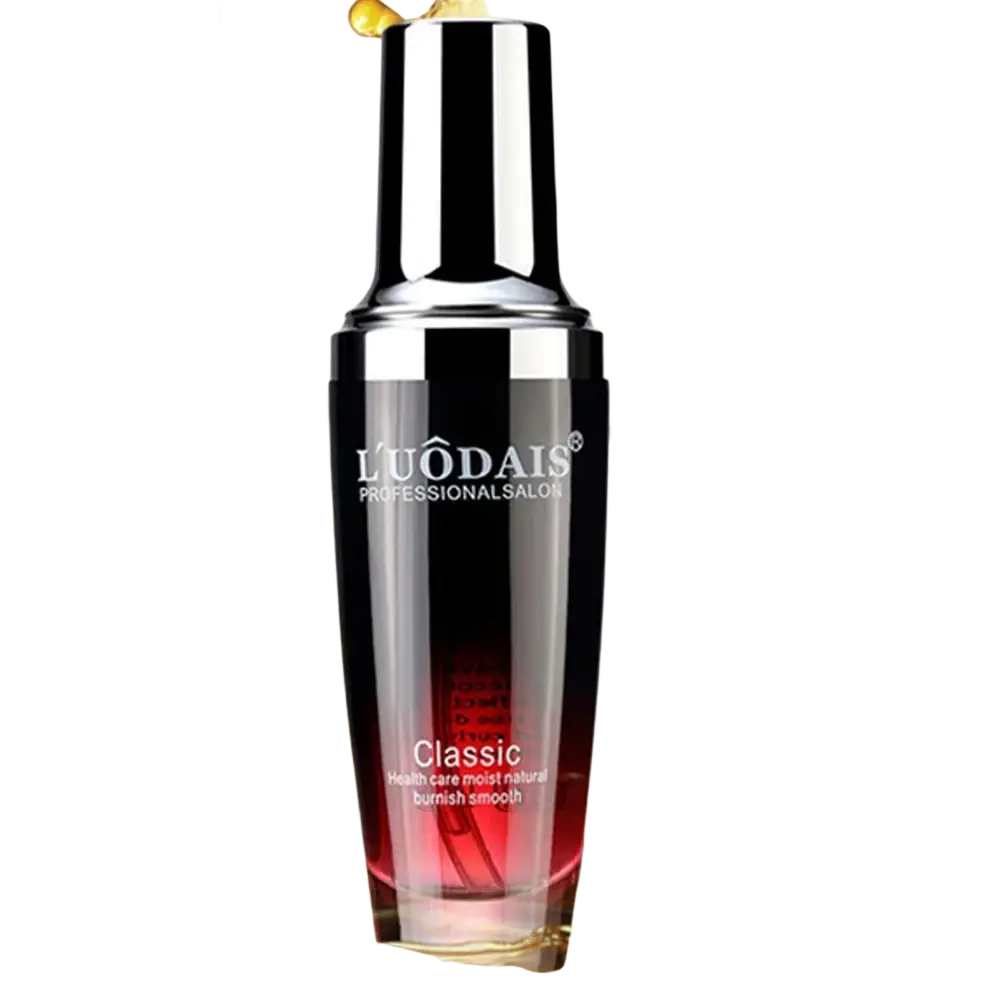 Black and red gradient glass 80ml hair essential oil bottle with silver cap labeled luodais professional salon for hair loss