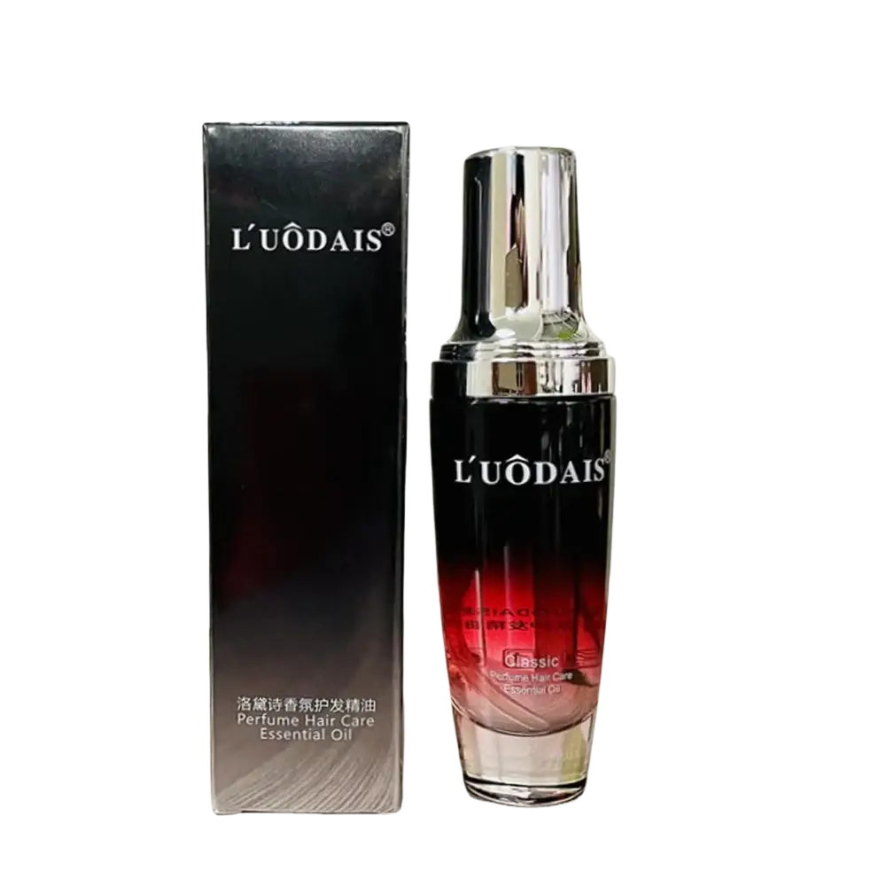 L’uodais hair essential oil for hair loss in a sleek black and red glass 80ml bottle with silver cap and matching black box